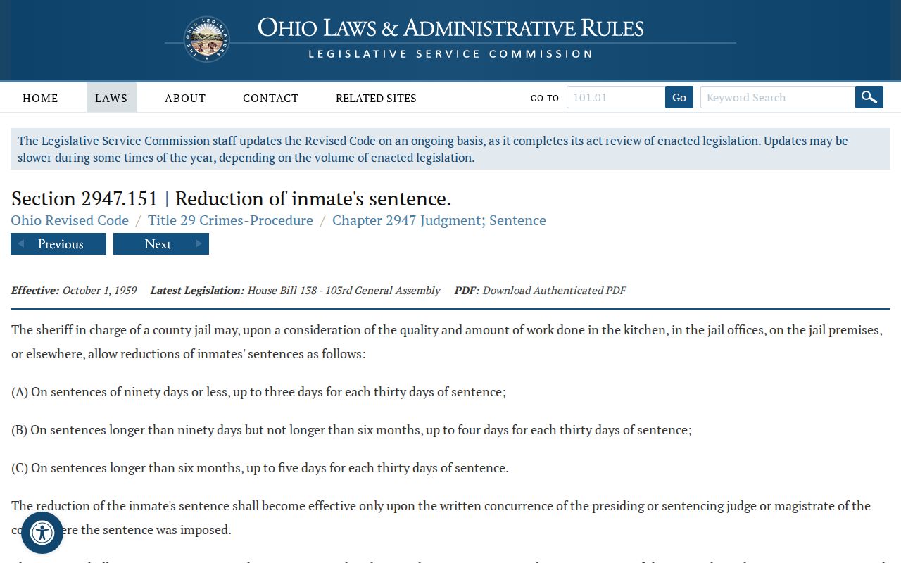 Defiance County jail work credit and judicial concurrence rule