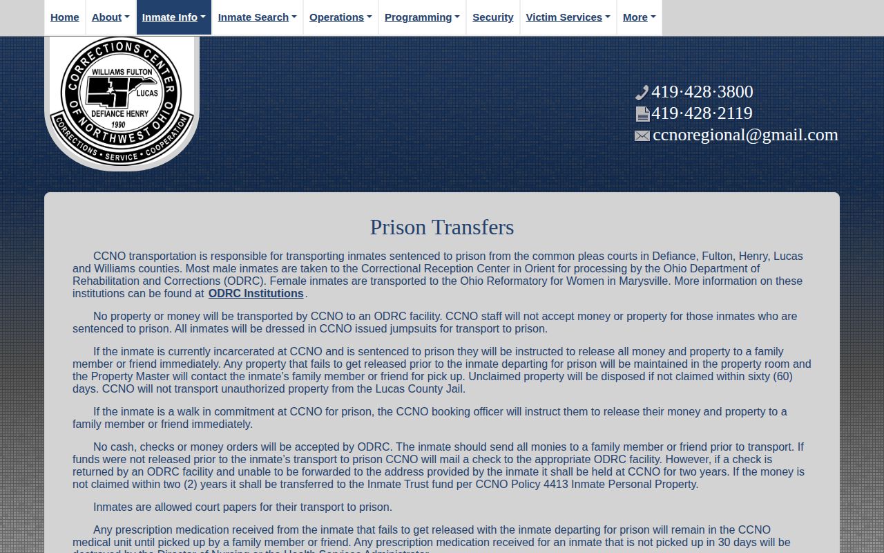 Correctional Reception Center transfer destination and release property rules