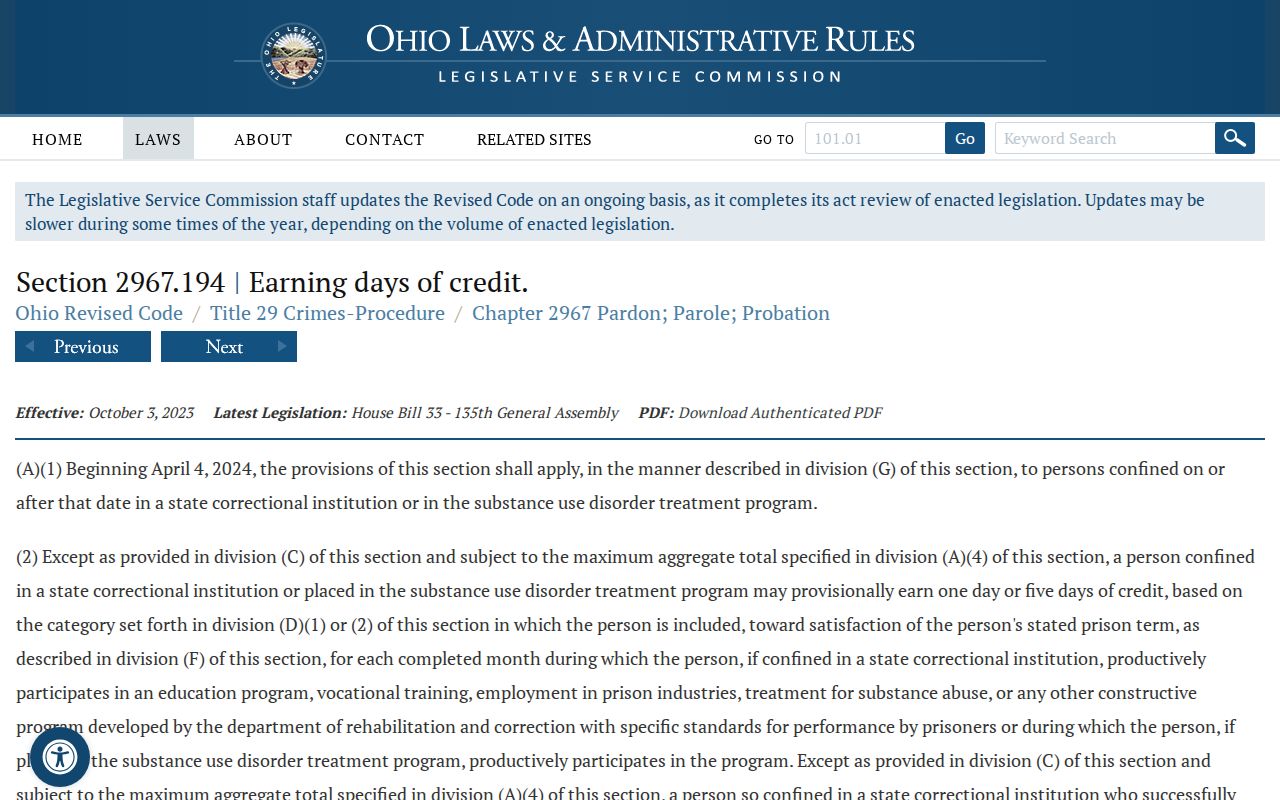 Ohio earned credit statute for a Defiance County projected prison release date