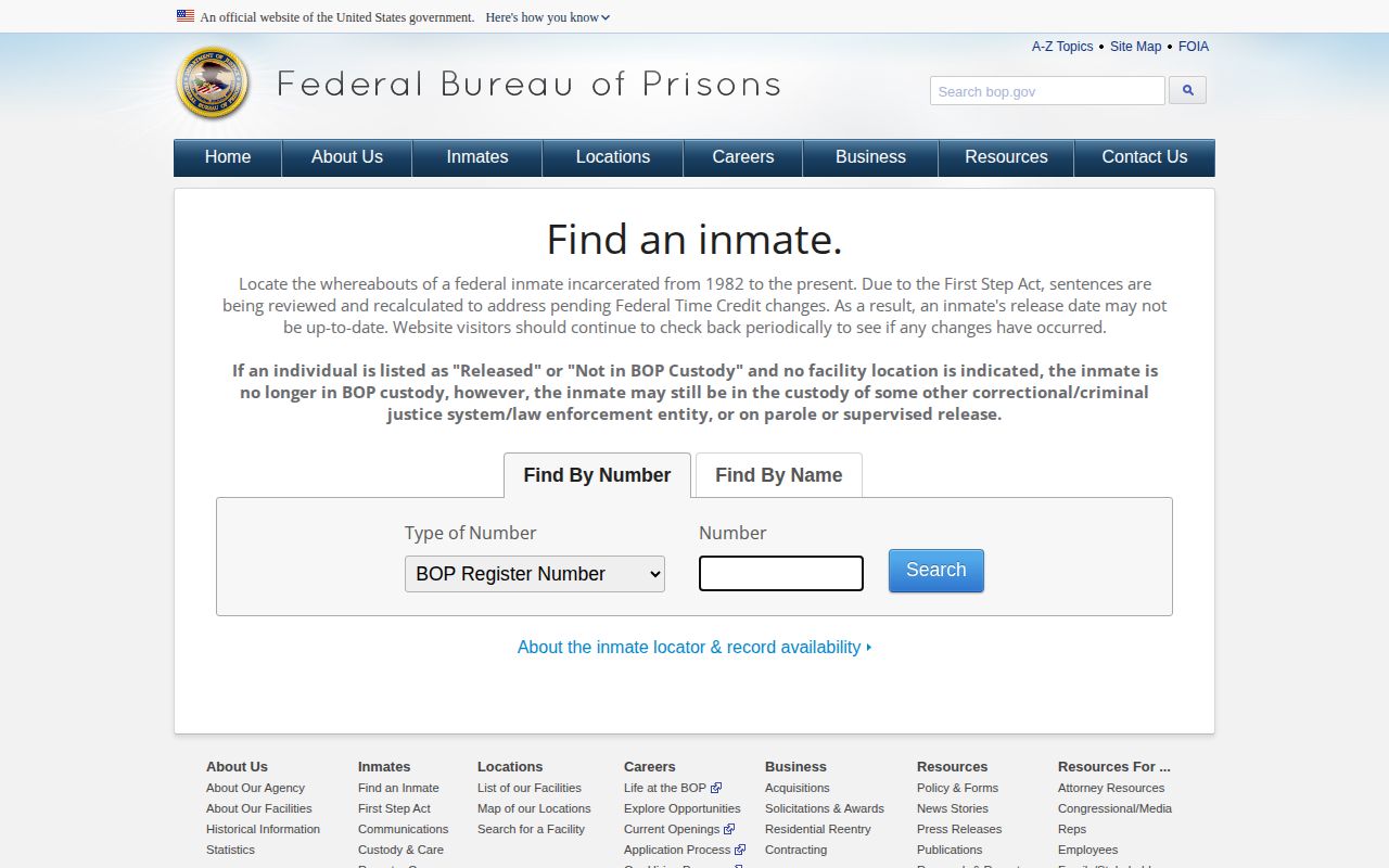 BOP locator inputs for CCNO federal contract release records
