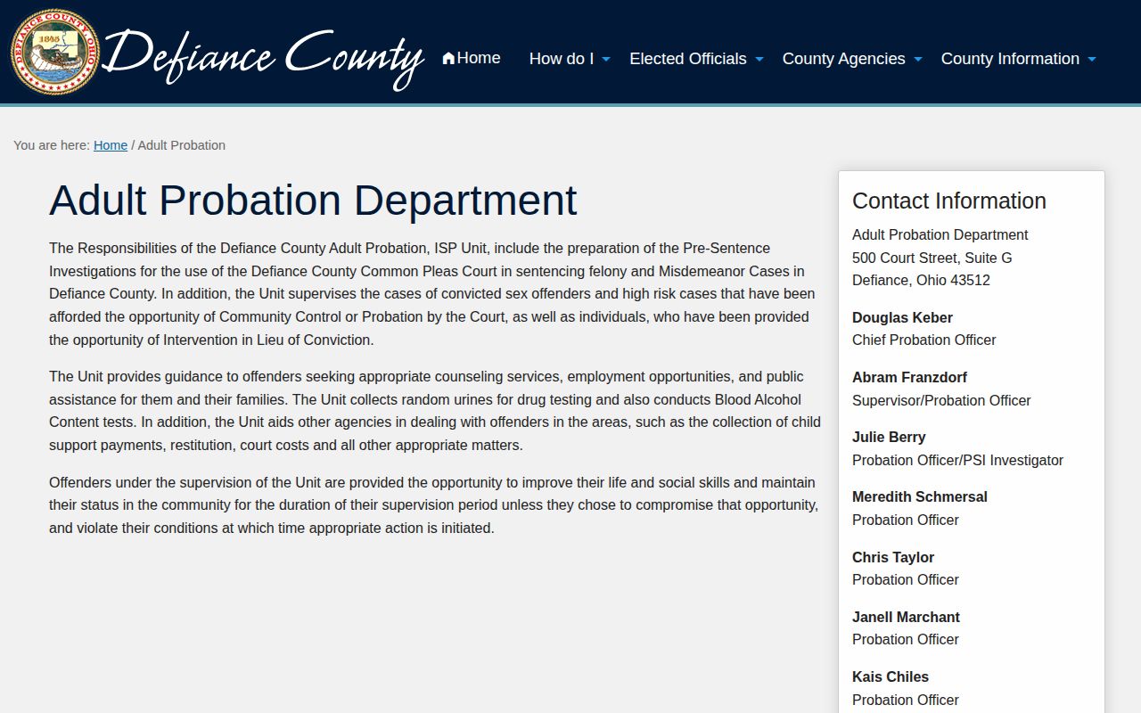 Defiance County probation office scope and contact hours