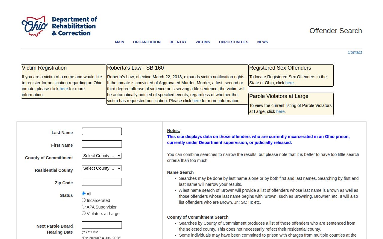 ODRC offender search fields for name, number, status, county, and hearing month