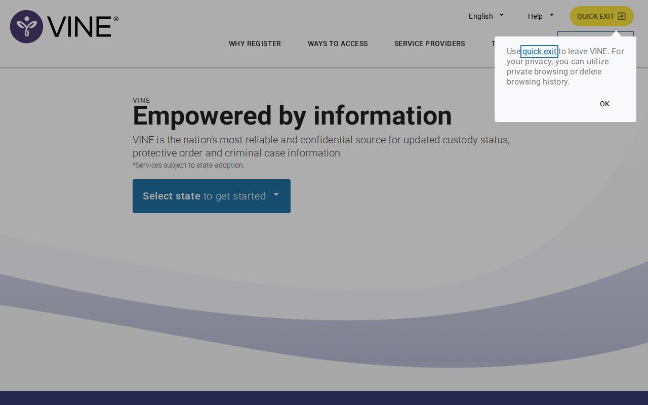 VINELink state-selection screen before a Defiance County inmate release check