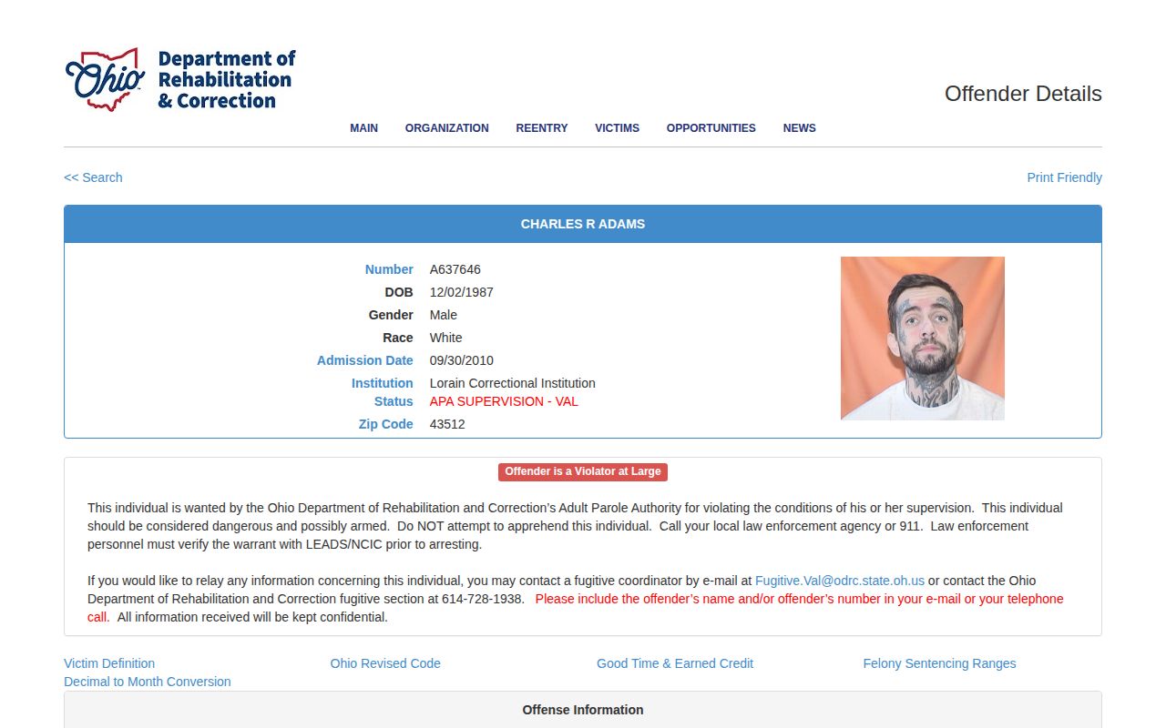 Defiance County ODRC parole violator at large status example