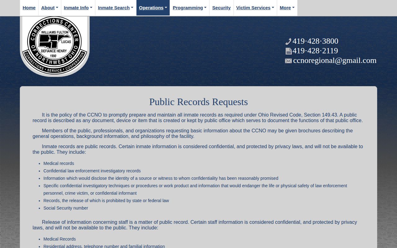 CCNO public records request channels, hours, extension policy, and copy fee